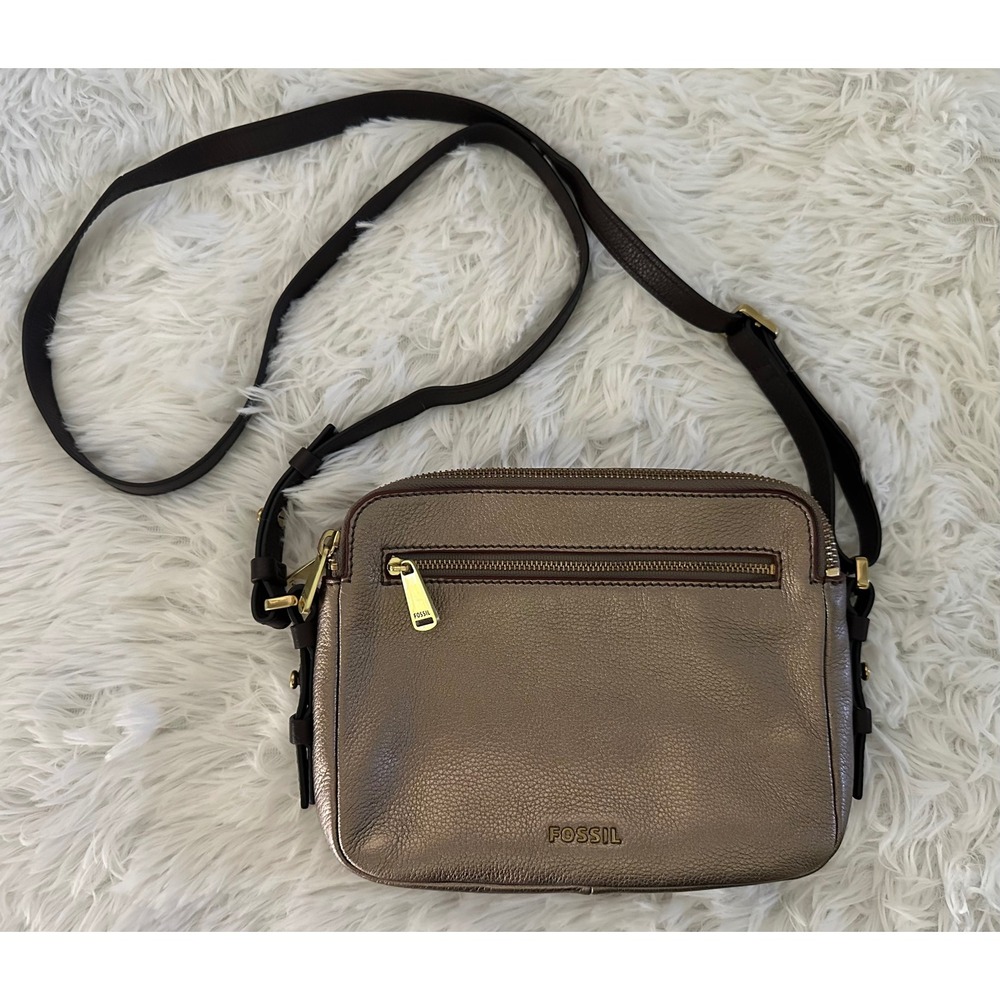 Fossil Piper Toaster‎ leather crossbody bag in a metallic taupe/bronze